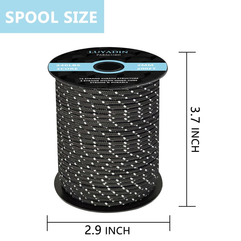 LUYADIN Reflective Paracord 240lb - Diameter 2mm Micro Utility Cord -3 Strand Parachute Spool Cord - 100ft 200ft,Paracord for Camping,Hiking,Fishing,Outdoor and DIY - Image 2
